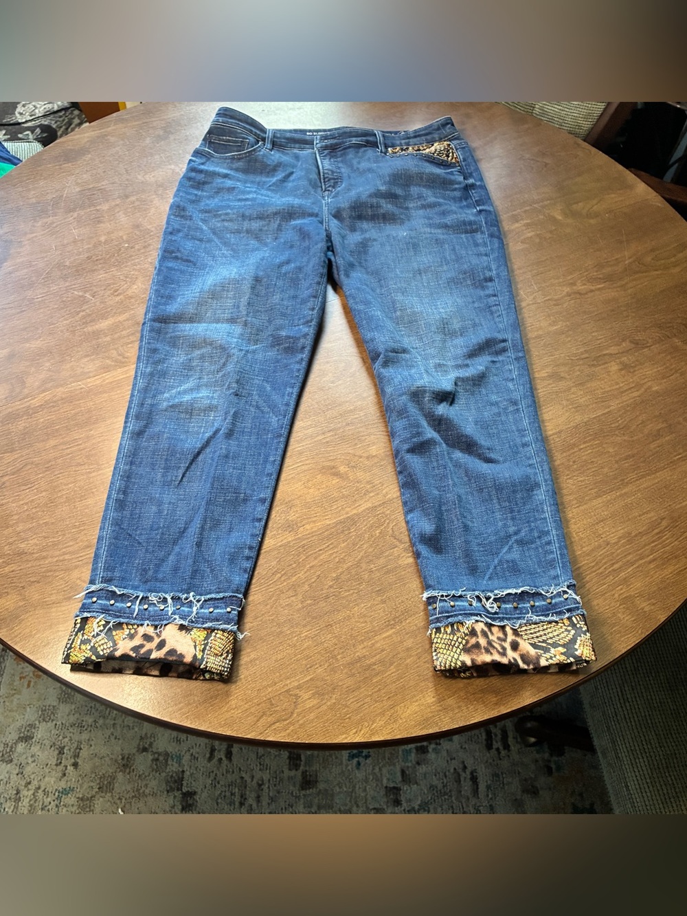 Chicos Girlfriend Slim Ankle Jeans 12 Rx25.5 Patchwork Blue Denim Mid Rise